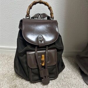 Gucci Dark Brown Leather and Canvas Backpack